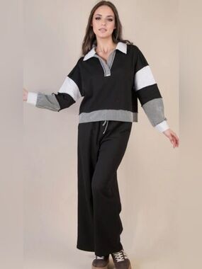 NWT Black and White Striped Trim Two-Piece Lounge Set